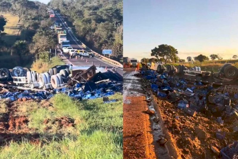 Carreta de cerveja tomba em rodovia, deixa três feridos e um morto na MS-377