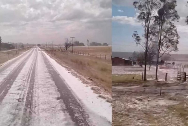 Vai um gelo aí? Granizo cobre BR após temporal em distrito de Nova Alvorada do Sul (vídeo)