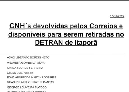 CNHs,  devolvidas pelo Correios e disponíveis para serem retiradas no Detran de Itaporã