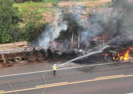 Carreta carregada com toras de eucalipto pega fogo na BR-262, em Ribas do Rio Pardo