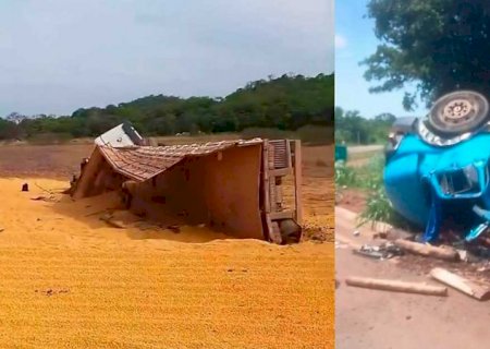 Carreta tomba em rotatória e grãos ficam espalhados pela via na MS-382, em Bonito (vídeo)