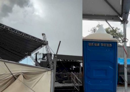 Show cancelado! Tempestade com ventos fortes destrói estrutura da Expogrande (vídeo)