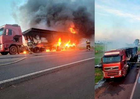 Carreta carregada de ferro pega fogo na BR-262