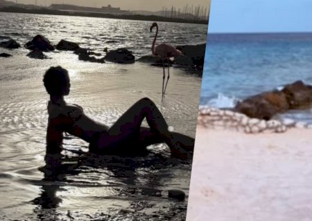 Gabz exibe corpão durante passeio com flamingos em Aruba